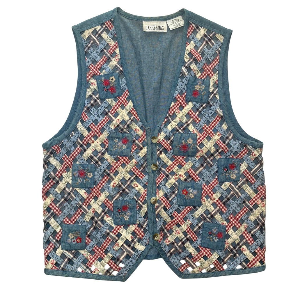 Vintage Denim Americana Vest Women Patchwork Floral Cottagecore Country Large